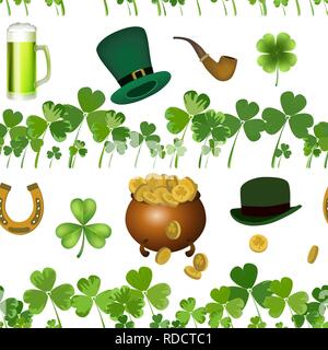 Vector seamless pattern with St. Patrick's day illustrations. Seamless pattern with clover leaves, a pot of coins, hats, a smoking pipe. Stock Vector