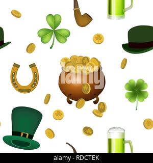Vector seamless pattern with St. Patrick's day illustrations. Seamless pattern with clover leaves, a pot of coins, hats, a smoking pipe. Stock Vector