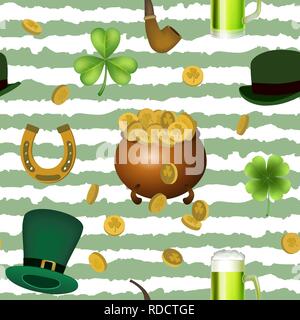 Vector seamless pattern with St. Patrick's day illustrations. Seamless pattern with clover leaves, a pot of coins, hats, a smoking pipe. Stock Vector