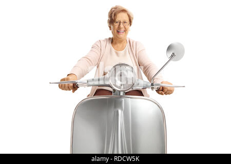 Cheerful senior woman riding a vintage scooter isolated on white background Stock Photo
