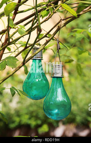 two green light bulbs for a garden party, hanging on a bush in sunlight, Stock Photo