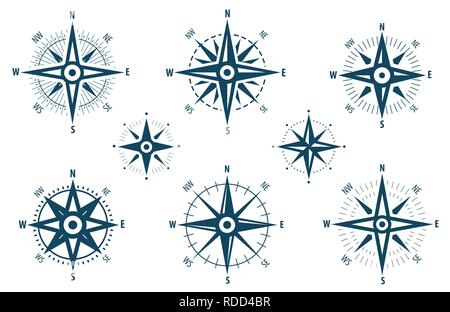 Compass icon set. Marine navigation, wind rose symbol. Vector illustration Stock Vector