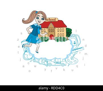 Girl going to school - card Stock Vector