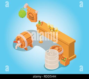 Beer stand concept banner, isometric style Stock Vector