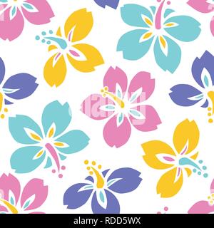 Large Bold Colorful Tropical Exotic Hibiscus Floral Vector Seamless Pattern. Oversize Bright Neon Colored Lush Tropical Blooms on White Background Stock Vector