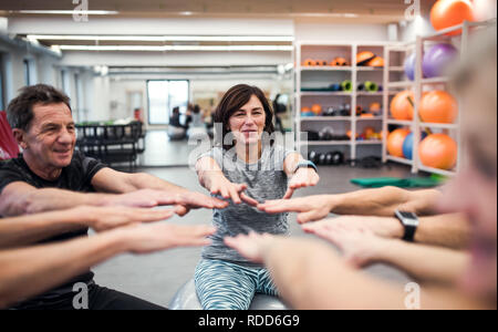 A group of cheerful seniors in gym doing exercise on fit balls. Stock Photo