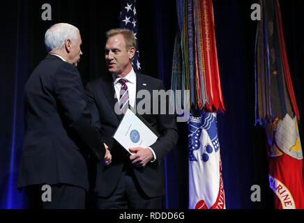 Arlington, Virginia, USA. 17th Jan, 2019. United States Vice President Mike Pence, left, and acting United States Secretary of Defense Patrick M. Shanahan, shake hands as they and US President Donald J. Trump participates in a Missile Defense Review announcement at the Pentagon, in Arlington, Virginia, January 17, 2019 Credit: Martin H. Simon/CNP/ZUMA Wire/Alamy Live News Stock Photo
