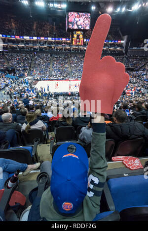 Londo , UK.  17 January 2019. A young Knicks fan celebrates during an NBA basketball game, NBA London 2019, between Washington Wizards and New York Knicks at the O2 Arena.  Final score: Wizards 101 Knicks 100.  Credit: Stephen Chung / Alamy Live News Stock Photo