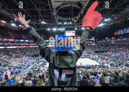 Londo , UK.  17 January 2019. A young Knicks fan celebrates during an NBA basketball game, NBA London 2019, between Washington Wizards and New York Knicks at the O2 Arena.  Final score: Wizards 101 Knicks 100.  Credit: Stephen Chung / Alamy Live News Stock Photo