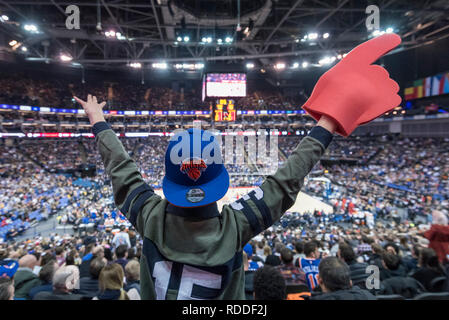 Londo , UK.  17 January 2019. A young Knicks fan celebrates during an NBA basketball game, NBA London 2019, between Washington Wizards and New York Knicks at the O2 Arena.  Final score: Wizards 101 Knicks 100.  Credit: Stephen Chung / Alamy Live News Stock Photo