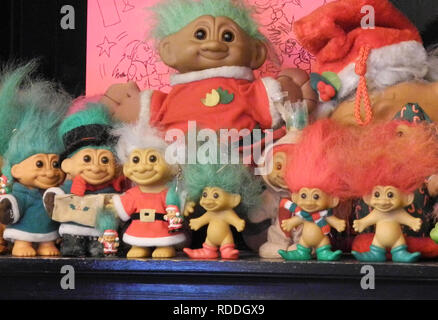 New York, USA. 16th Jan, 2019. In the lobby of a New York hotel there are colorful dolls. The so-called 'magic trolls' - with button eyes and brightly coloured shag hair - belonged until the 1990s to the particularly popular play figures among children in the USA and Europe. (Zu dpa 'Collector shows magic troll dolls in New York') Credit: Johannes Schmitt-Tegge/dpa/Alamy Live News Stock Photo