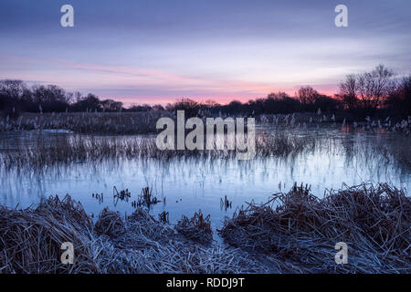 Barton-upon-Humber, Lincolnshire, UK. 18th January, 2019. UK Weather: Sunrise over a frozen Lincolnshire Wildlife Trust Nature Reserve after a night of sub-zero temperatures. Barton-upon-Humber, North Lincolnshire, UK. 18th January 2019. Credit: LEE BEEL/Alamy Live News Stock Photo