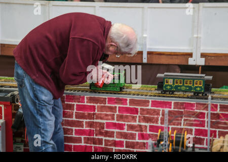 London, UK. 18th Jan, 2019. The London Model Engineering Exhibition shows the full spectrum of modelling from traditional model engineering, steam locomotives and traction engines through to the more modern gadgets including trucks, boats, aeroplanes and helicopters as featured on “The One Show”.Over Over 50 clubs and societies were present, displaying their members work and competing to win the prestigious Society Shield. In total, nearly 2,000 models are on display.@Paul Quezada-Neiman/Alamy Live News Credit: Paul Quezada-Neiman/Alamy Live News Stock Photo