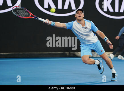Melbourne, Australia. 18th Jan, 2019. Diego Schwartzman of Argentina returns the ball during the men's singles 3rd round match against Tomas Berdych of the Czech Republic at the Australian Open in Melbourne, Australia, Jan. 18, 2019. Credit: Bai Xuefei/Xinhua/Alamy Live News Stock Photo