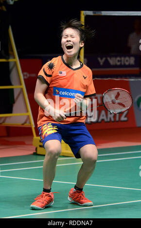 Kuala Lumpur, Malaysia. 18th Jan, 2019. Goh Jin Wei of Malaysia celebrates after the women's singles quarterfinal match against He Bingjiao of China in Kuala Lumpur, Malaysia, Jan. 18, 2019. Credit: Chong Voon Chung/Xinhua/Alamy Live News Stock Photo