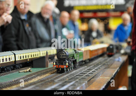 London, UK. 18th Jan 2019. Visitors watching the Gauge One Railway Display at the London Model Engineering Exhibition which opened today at Alexandra Palace, London.  The London Model Engineering Exhibition is now in its 23rd year, and attracts around 14,000 visitors.  The show offers a showcase to the full spectrum of modelling from traditional model engineering, steam locomotives and traction engines through to the more modern gadget and boys toys including trucks, boats, aeroplanes and helicopters. Credit: Michael Preston/Alamy Live News