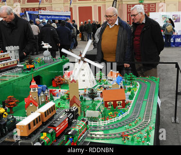 London, UK. 18th Jan 2019. Intricate and complicated Lego models on display at the London Model Engineering Exhibition, Alexandra Palace, London.  The London Model Engineering Exhibition is now in its 23rd year, and attracts around 14,000 visitors.  The show offers a showcase to the full spectrum of modelling from traditional model engineering, steam locomotives and traction engines through to the more modern gadget and boys toys including trucks, boats, aeroplanes and helicopters. Credit: Michael Preston/Alamy Live News Stock Photo