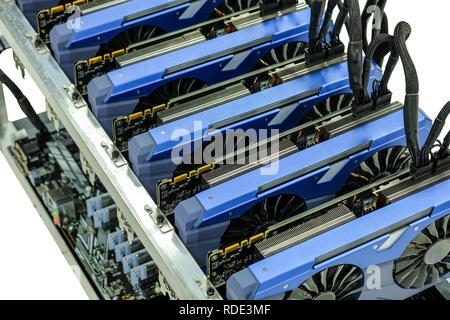Close-up graphic card of computer working for bitcoin mining on top-view,  isolated on white background Stock Photo