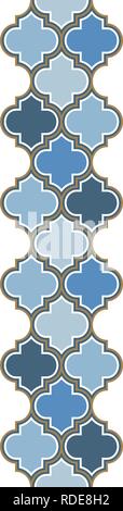 Vertical vector moroccan repeat seamless border. Light blue, gold beige line on white background. Stock Vector