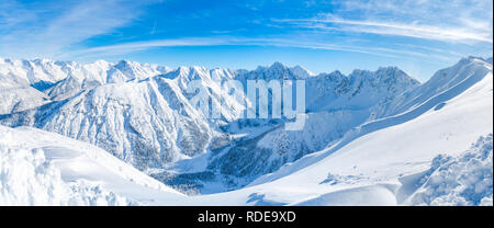 Wide panoramic view of winter landscape with snow covered Alps in Seefeld in the Austrian state of Tyrol. Winter in Austria Stock Photo