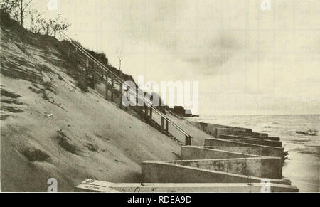 . The effect of structures and lake level on bluff and shore erosion in Berrien County, Michigan, 1970-74. Offshore structures; Beach erosion. Figure 17. View of the downdrift cut from the southern end of the seawall. Heavy vegetation on the bluff slope indicates successful stabilization (16 October 1976).. Figure 18. Bluff at CERC profile line 16 recently stabilized by precast-concrete seawall following a period of severe erosion (16 October 1976). 33. Please note that these images are extracted from scanned page images that may have been digitally enhanced for readability - coloration and ap Stock Photo