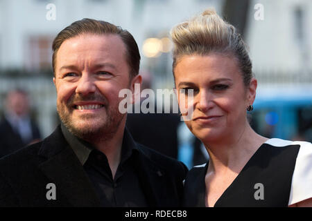 Ricky Gervais with partner Jane Fallon at a screening of Muppets Most Wanted at the Curzon Mayfair in London. 24 March 2014. Stock Photo