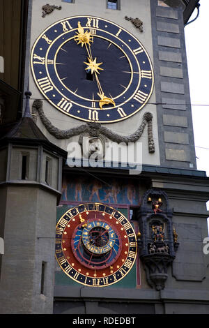 The Zytglogge, or Clock Tower, an elaborate medieval clock tower with moving figures, from Marktgasse, Old City of Bern, Switzerland Stock Photo