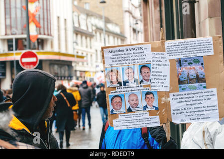 STRASBOURG, FRANCE  - MAR 22, 2018: Macronist parliamentarians from alsace placard at demonstration protest against Macron French government string of reforms Stock Photo
