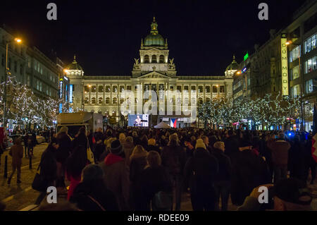 People attend a commemorative meeting for Jan Palach at Wenceslas Square in Prague, Czech Republic, on January 16, 2019. Palach, a student of the Char Stock Photo