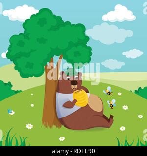 Bear under the tree with bee hive and eats honey on nature background Stock Vector