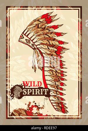 American painted War Bonnet Flyer or Vertical Poster for Tribal Party. Wild Spirit Feathers Warbonnet Hat. Native Indian Colorful Accessory. Halloween Costume Event Template. Stock Vector