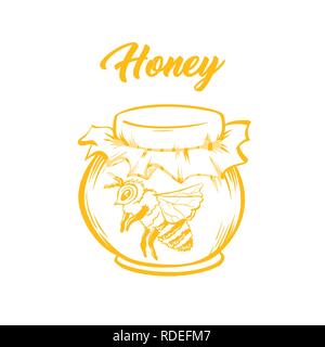 Honey Bee, Outline Logo Design. Isolated Vector. Yellow Engraved Element. Vintage Style Illustration of Flying Wasp Stock Vector