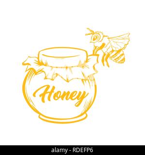 Honey Bee, Outline Logo Design. Isolated Vector. Yellow Engraved Element. Vintage Style Illustration of Flying Wasp Stock Vector