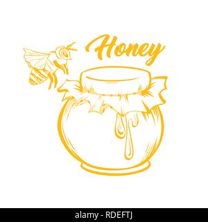 Honey and Bee, Outline Logo Design. Isolated Vector. Yellow Engraved Element. Vintage Style Illustration of Flying Wasp and Honey Drop Stock Vector