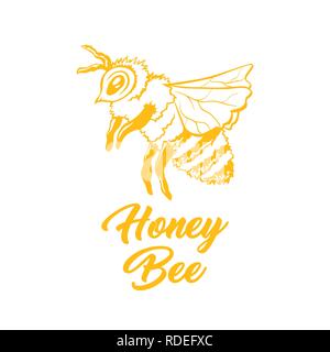 Honey Bee, Outline Logo Design. Isolated Vector. Yellow Engraved Element. Vintage Style Illustration of Flying Wasp Stock Vector