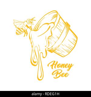 Honey Bucket and Bee, Outline Logo Design. Isolated Vector. Yellow Engraved Element. Vintage Style Illustration of Flying Wasp and Honey Drop Stock Vector