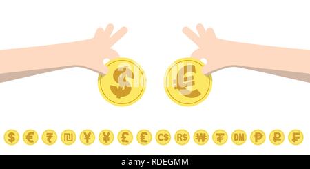 Illustration vector dollar exchange euro and coins for currency exchange rates. Finance Concept. Stock Vector