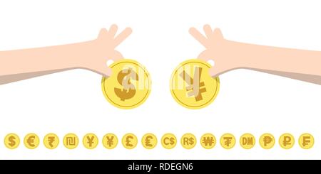 illustration vector dollar exchange yen and coins for currency exchange rates. Finance Concept. Stock Vector