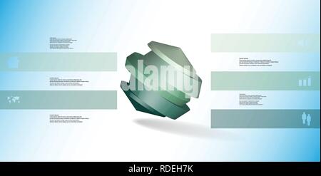 3D illustration infographic template. The round octagon is divided to five color parts. Object is askew arranged on blue white background. Color bars  Stock Vector