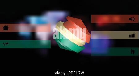 3D illustration infographic template. The round octagon is divided to five color parts. Object is askew arranged on blurred photo background. Color ba Stock Vector