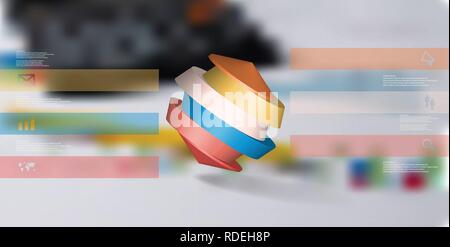 3D illustration infographic template. The round octagon is divided to six color parts. Object is askew arranged on blurred photo background. Color bar Stock Vector