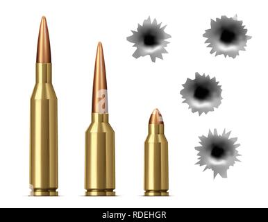 Bullets and bullet holes isolated on white background. Realistic vector illustration Stock Vector