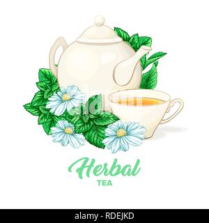 Porcelain or Ceramic Teapot Service. Mint Tea Leaves and Chamomile Flowers. Green Tea Cup. Isolated and Detailed Herbal Therapy Vector Illustration. Banner Design, Restaurant Menu, English Breakfast. Stock Vector