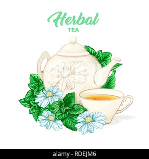 Herbal tea hand drawn color illustration. Ceramic teapot, porcelain cup, camomile flower, mint, teatime watercolor drawing. Isolated organic tea herbs packaging design concept. Stock Vector