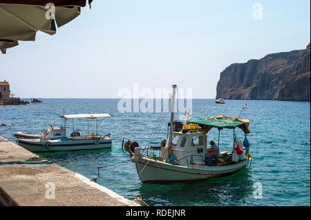 Gerolimenas bay and fishermen boats, Mani, Greece Stock Photo