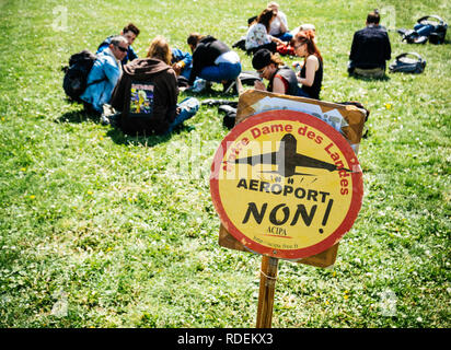 STRASBOURG, FRANCE - MAY 5, 2018: People wrotesting with placard sign stop to the construction in Notre-Dame-des-Landes of the controversial airport  Stock Photo