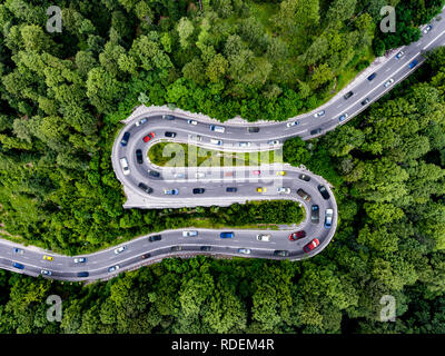 Winding road full of traffic. Rush hour traffic in a green forest. Ecology concept. (Composite photo) Stock Photo