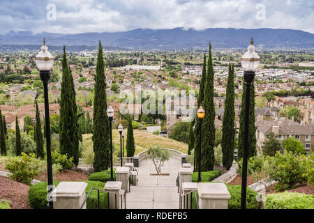 Grand Staircase on cloudy and rainy day and view towards the a residential neighborhood, Communications Hill, San Jose, California Stock Photo