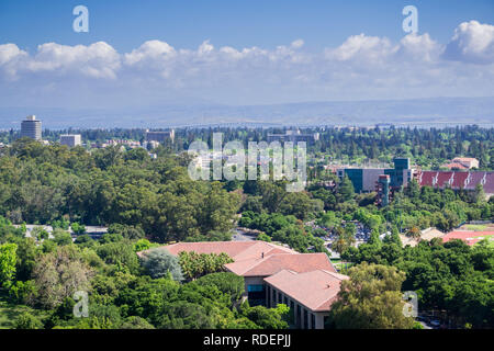 View towards Stanford campus, Palo Alto and Menlo Park, Dumbarton bridge and San Francisco bay Stock Photo