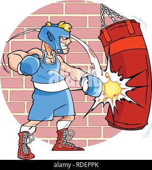 The illustration shows a man boxer on training. He fulfills blows at a punching bag. Illustration done in cartoon style, background on a separate laye Stock Vector